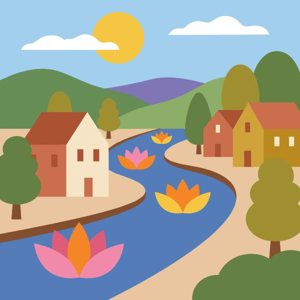 River Village with Lotus free printable jigsaw puzzle & coloring page