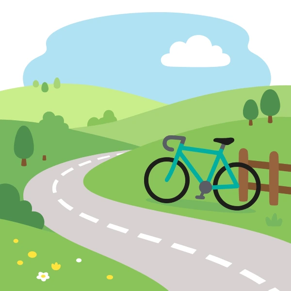 Road bike beside country road, colored sand beige, leaf green, and mint green, with light blue above and light gray.