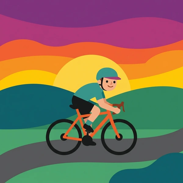 Cyclist in teal helmet on orange road bike riding through layered mountain landscape at sunrise with purple sky fading to yellow