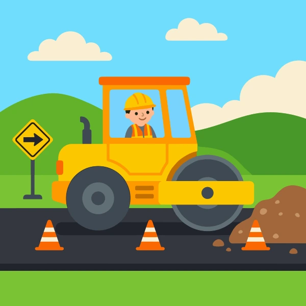 Yellow road roller with an orange cab roof and a smiling driver in a hard hat flattening dark tarmac, with orange traffic cones, a yellow warning sign, and green hills.