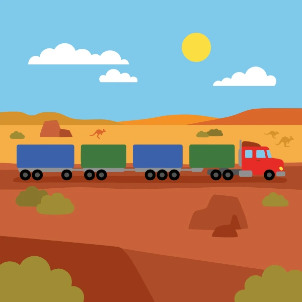 Mustard yellow, gray, and forest green road train crossing sandy ground with dunes, warm hills, cacti, or a bright sun.