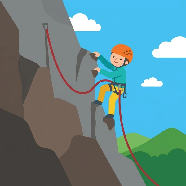 Rock climber with orange helmet scaling steep gray cliff face using red safety rope with green landscape and blue sky and white clouds