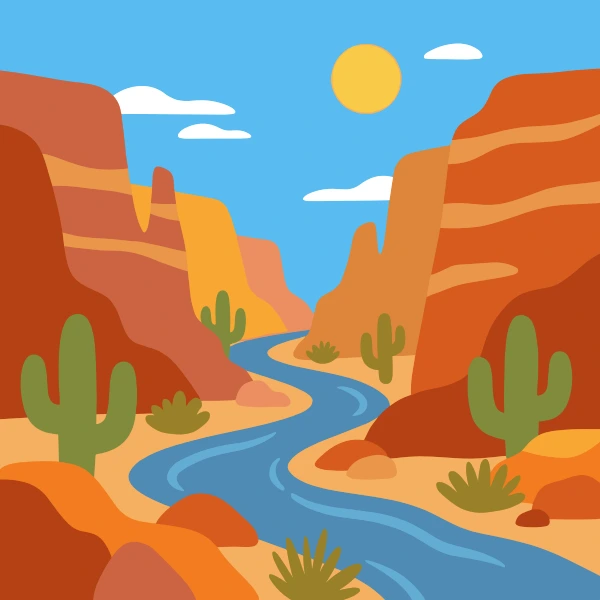 Rocky Canyon with Desert River free printable jigsaw puzzle & coloring page