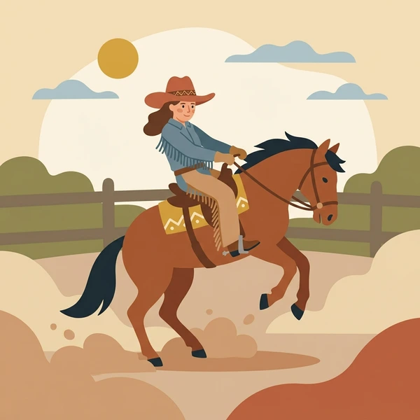 Cowgirl in brown hat riding rearing brown horse with beige dust cloud rising in western rodeo arena with green fence and blue sky