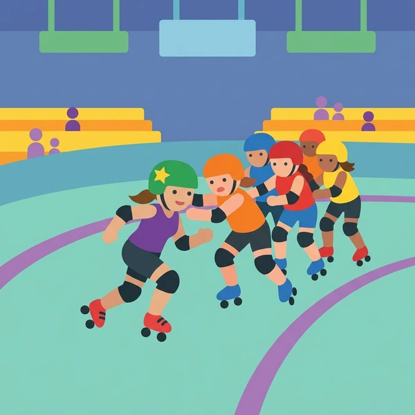 Six roller derby skaters with purple and green protective pads competing on teal indoor rink with yellow and blue spectator stands