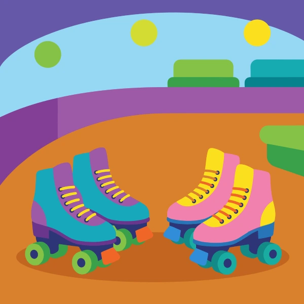 Roller skates at rink with purple and teal body tones, pink accents, and sky blue background.
