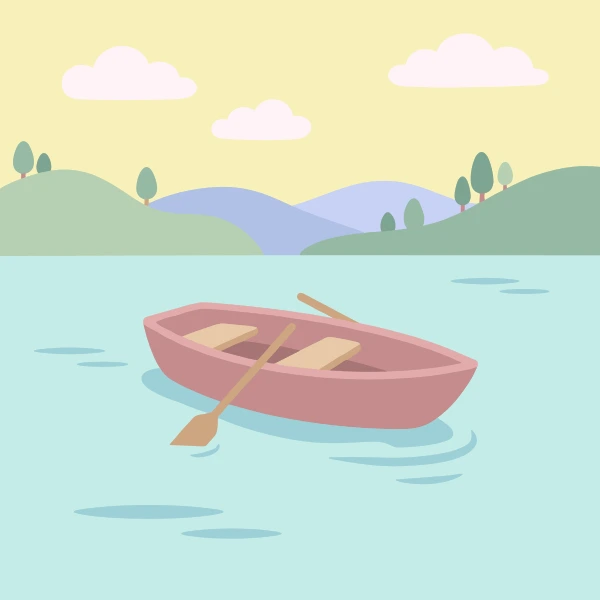 Tan, peach, and powder blue rowboat floating on calm blue water with soft hills, trees, and light clouds behind.