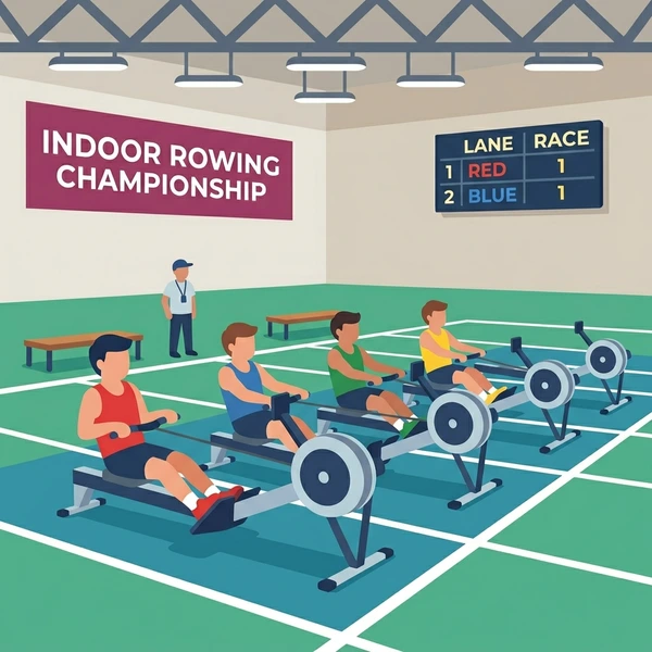 Four rowers competing on teal rowing ergometers in a championship hall with scoreboard, red and blue team lane assignments, and dark gray floor