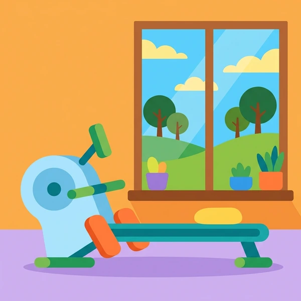Rowing machine beside large blue window overlooking green trees in bright orange-walled home gym with purple floor and yellow accents