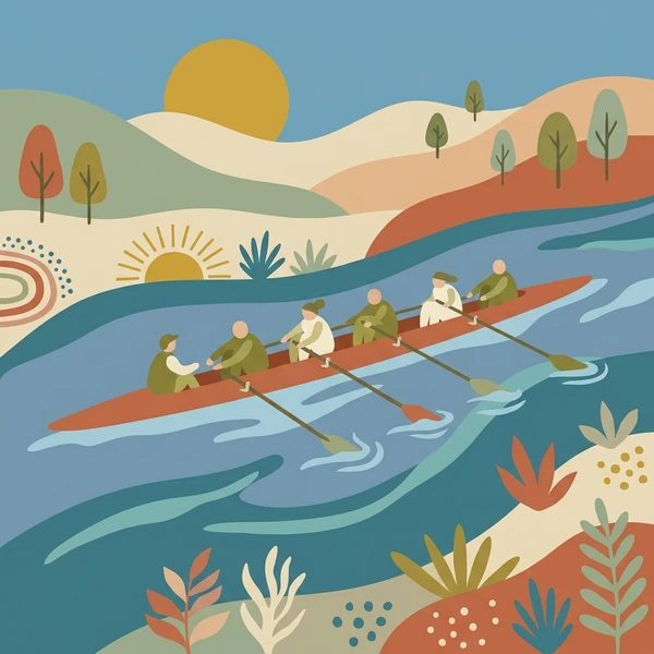 Four rowers in narrow brown rowing shell gliding on teal river surrounded by rolling tan hills and green riverside vegetation