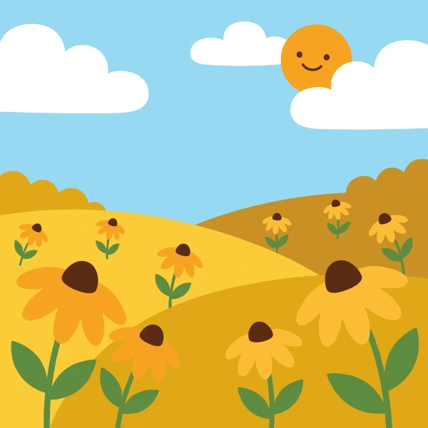 Yellow and golden black-eyed Susan rudbeckia flowers with dark brown centers scattered across rolling amber and gold hills under a smiling cartoon sun