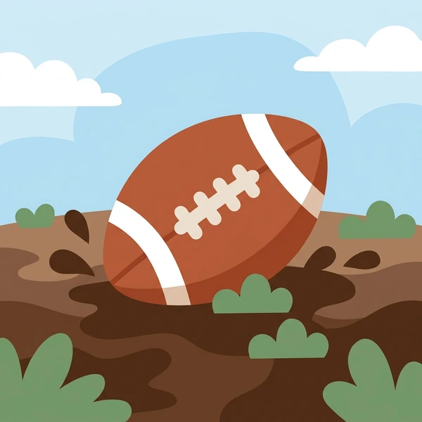 Brown and white striped rugby ball resting on muddy brown field with green grass and bushes and blue sky with white clouds above
