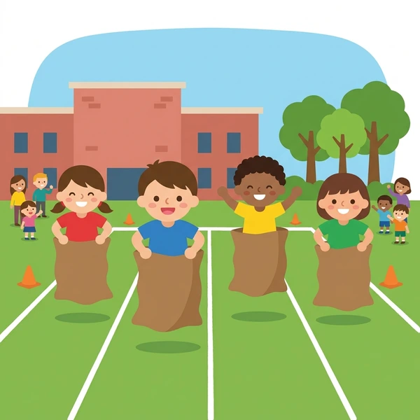 Four children hopping in brown potato sacks in a school sports day race on green grass with red brick building and spectators behind