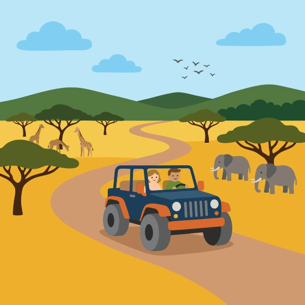 Sun yellow, charcoal, and forest green safari jeep among trees, hills, or mountains with a winding path or river nearby.