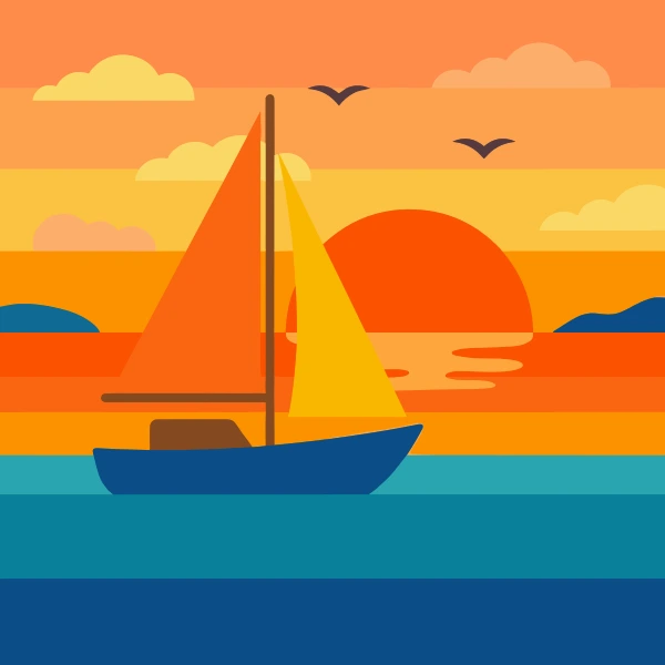 Orange, sun yellow, and navy blue sailboat set against layered sunrise or sunset bands with a low sun and dark silhouettes.