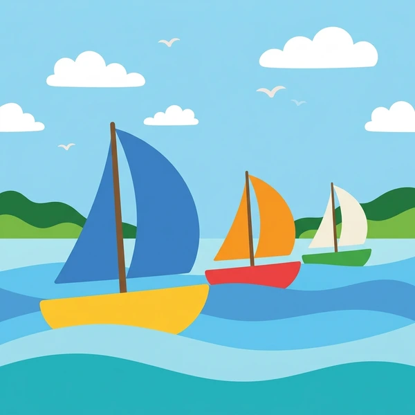 Three sailboats racing with blue sail, orange sail, and white sail across turquoise regatta water with green shoreline and white clouds