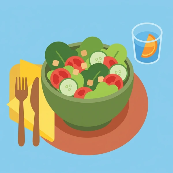 Salad On Lunch Table scene showing salad greens, tomato, cucumber, feta crumbles, dressing, and lunch table bowl in a food coloring puzzle