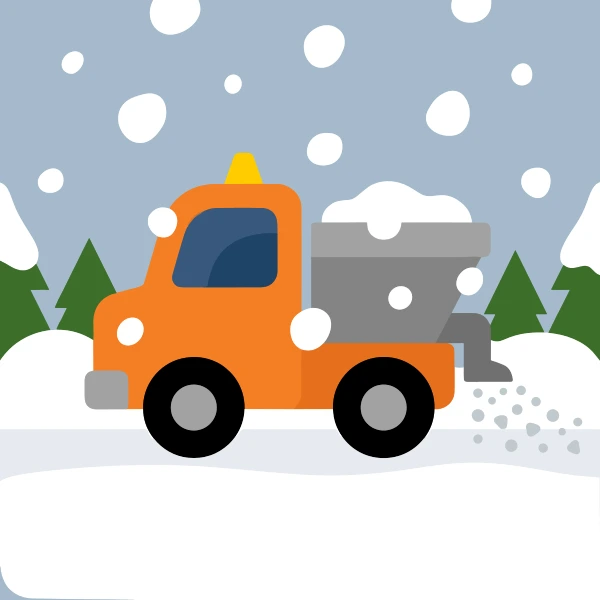 Orange, gray, and navy blue salt spreader surrounded by white snow, blue shadows, pine trees, and cold mountains.