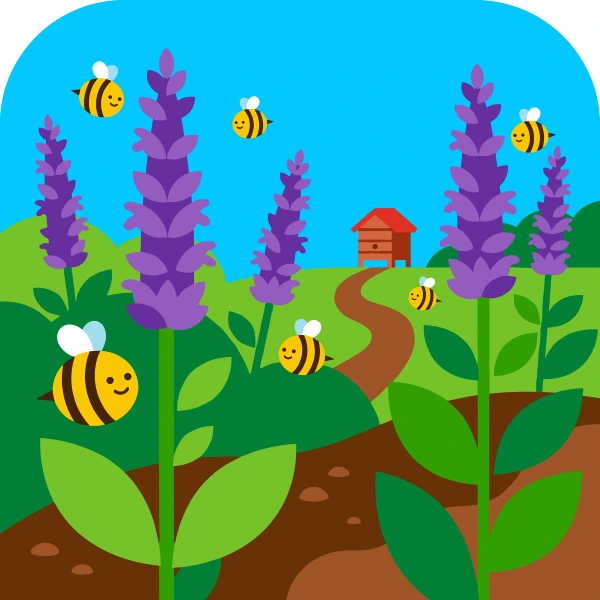 Tall purple salvia flower spikes with broad green leaves in a garden with several smiling cartoon bees flying around and a red wooden beehive on a winding path