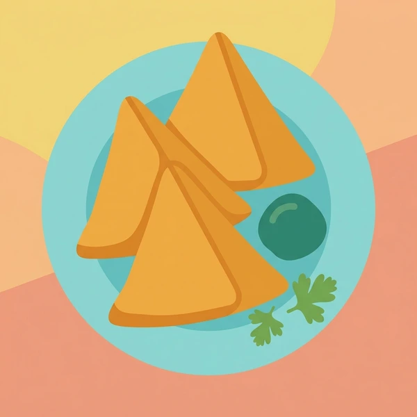Samosas On Snack Plate scene showing triangular samosas, golden pastry shells, green chutney dip, and snack plate in a food coloring puzzle