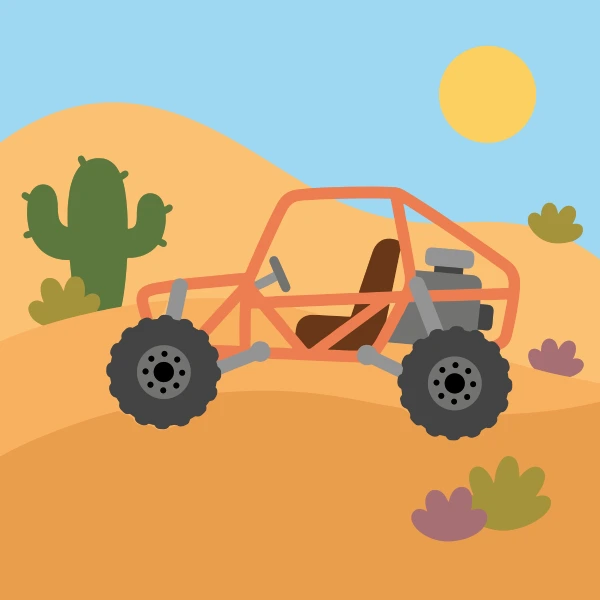 Coral, charcoal, and forest green sand rail crossing sandy ground with dunes, warm hills, cacti, or a bright sun.
