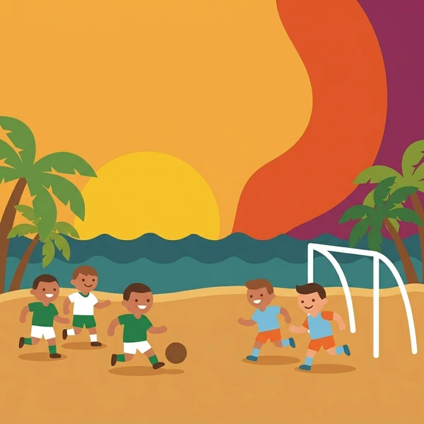 Five children playing soccer on sandy beach at sunset with orange and purple sky, palm trees, water in background, and goal post visible