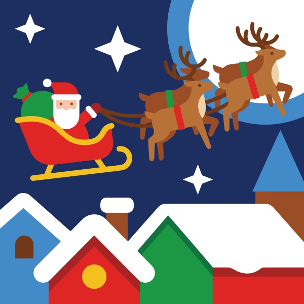 Santa Claus in red sleigh with three reindeer flying over snowy village rooftops under a big moon and white stars