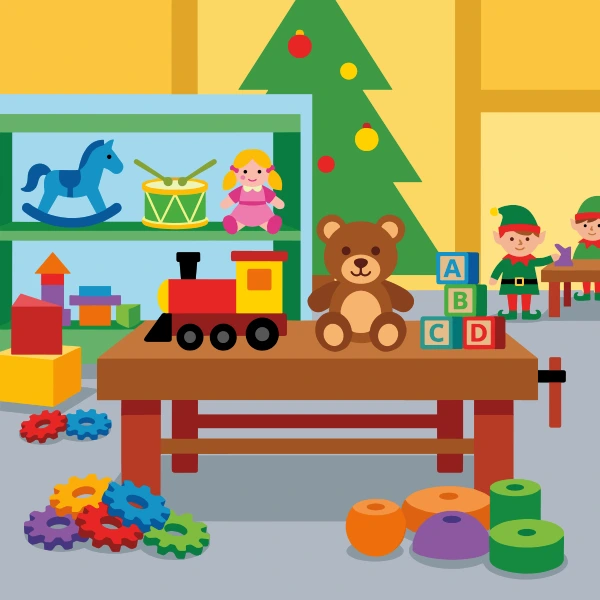 Santa's toy workshop with elf workers, shelves holding rocking horse, drum, and doll, teddy bear and toy train on table, ABC blocks, gears, and Christmas tree