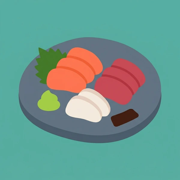 Sashimi On Stone Plate scene showing sashimi fish slices, tuna, salmon, white fish, wasabi, ginger, and stone plate in a food coloring puzzle