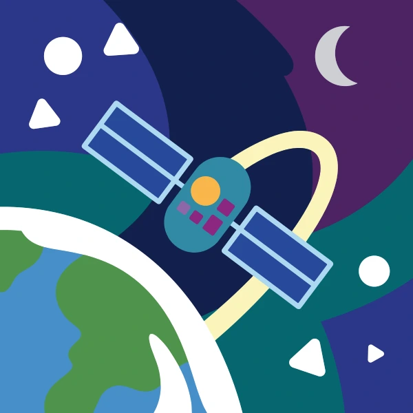 Teal, white, and sky blue satellite drifting set against stars, planets, moons, or glowing space colors.