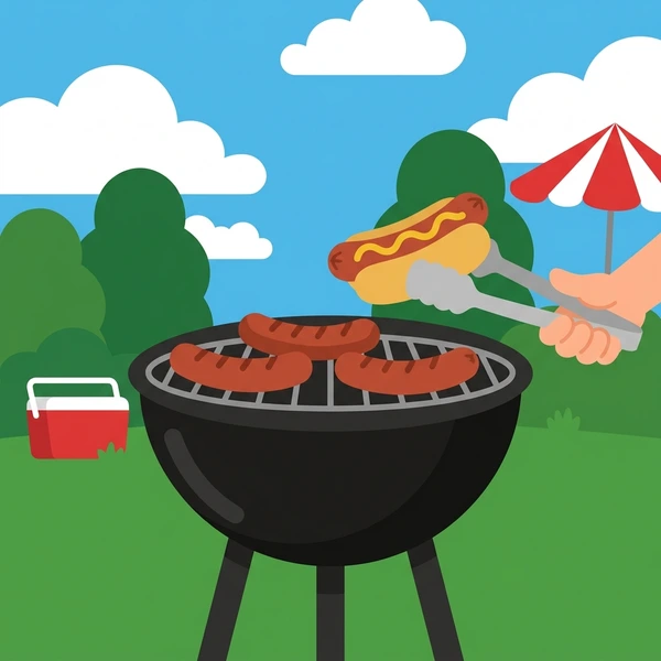 Sausage At Cookout scene showing grilled sausage links, grill marks, crisped skin, and backyard cookout grill setting in a food coloring puzzle
