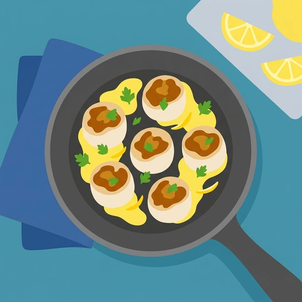 Scallops In Butter Pan scene showing scallop rounds, golden sear crust, butter baste, herb garnish, and pan surface in a food coloring puzzle