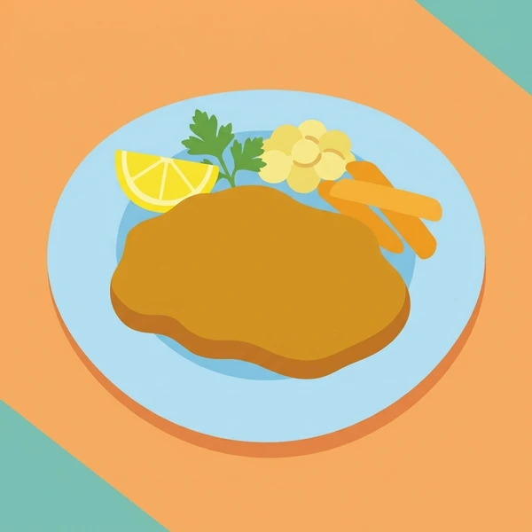 Schnitzel On Dinner Plate scene showing breaded schnitzel cutlet, golden crust, lemon wedge, parsley, and dinner plate in a food coloring puzzle
