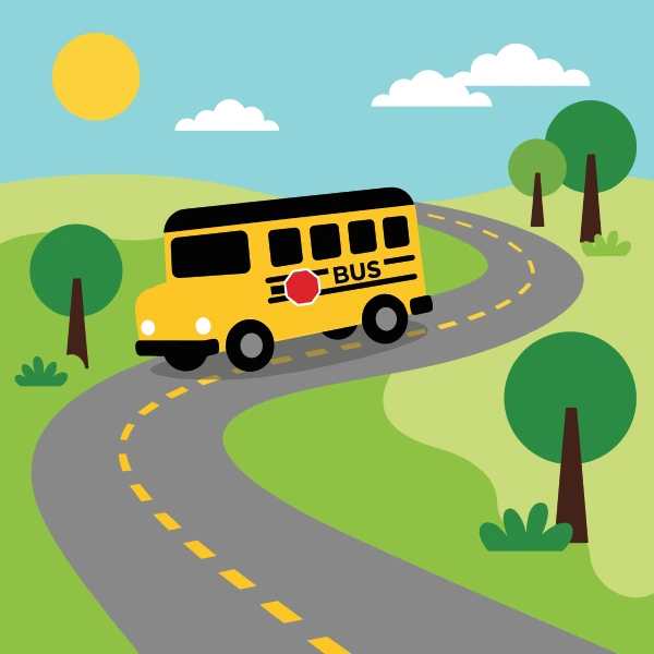 Yellow school bus with black roof and red stop sign driving along a winding grey road through green hills and trees under a sunny blue sky.