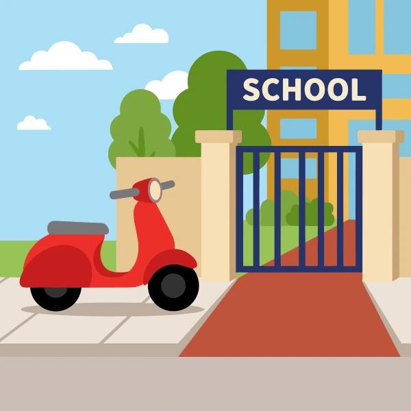 Olive green, cream, and leaf green scooter near a school building with children, signs, and open pavement or grass.