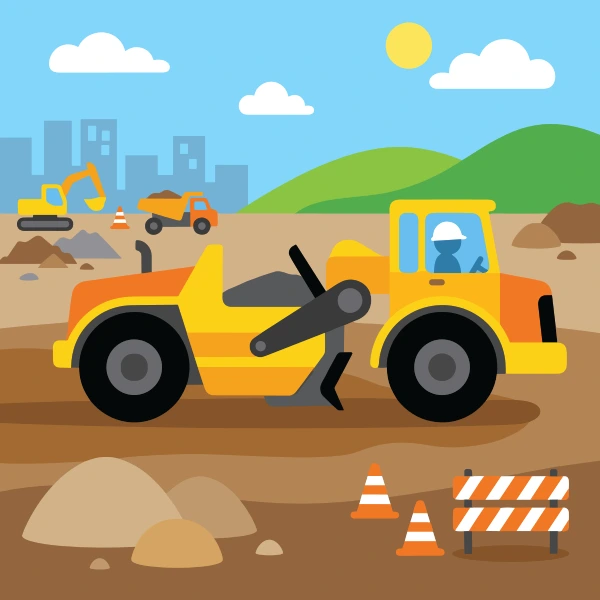 Large yellow and orange scraper working on a dusty brown construction site with traffic cones and a striped barrier in front, a yellow excavator and orange dump truck behind, and a city skyline in the distance.