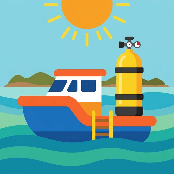 Yellow scuba diving tank on blue and orange dive boat with turquoise water, green hillside, and blue sky in sunny diving destination