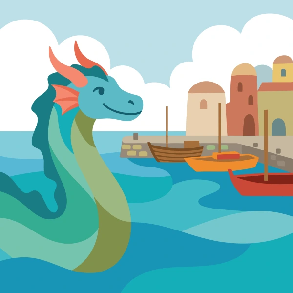 Friendly teal sea serpent in a harbor near small boats with a coastal town in background