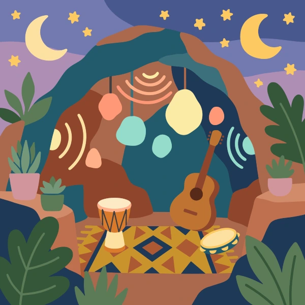 Cave with a guitar and drums on a rug with lanterns and a night sky showing two moons