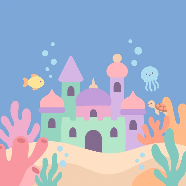 Pastel underwater palace surrounded by jellyfish fish a turtle and colorful coral reefs