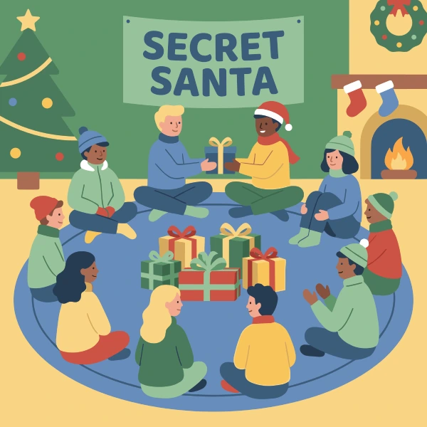 Diverse group of people sitting in circle on blue rug exchanging Secret Santa gifts with Christmas tree, fireplace, and stockings