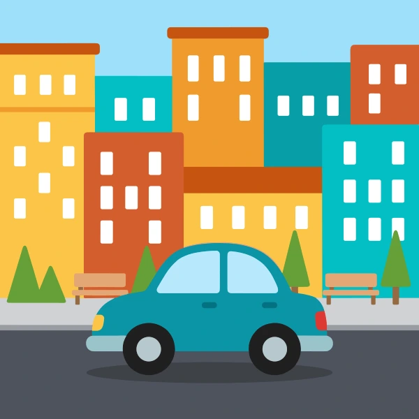 Sedan on city street, colored red, orange, and sun yellow, with light blue above and charcoal below.