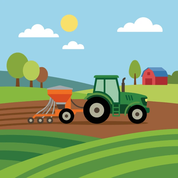 Teal, brown, and mint green seed drill in fields with barns, crop rows, hay bales, or farm animals under a bright sky.