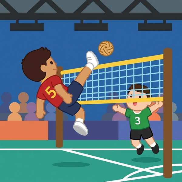 Two sepak takraw players on blue court with one performing acrobatic overhead kick over elevated net, spectator silhouettes in background