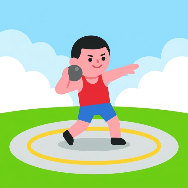 Male shot put athlete in red uniform performing throw from yellow-marked throwing circle on green grass with blue sky and white clouds