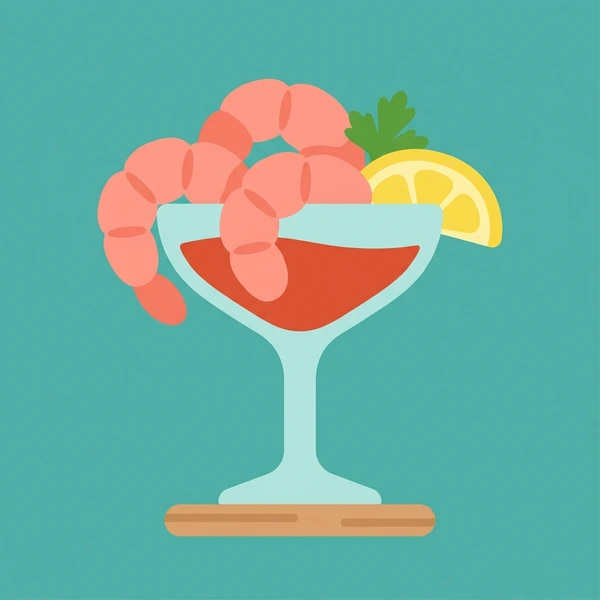 Shrimp In Cocktail Glass scene showing shrimp cocktail, pink boiled shrimp, cocktail sauce, lemon wedge, and stemmed glass in a food coloring puzzle