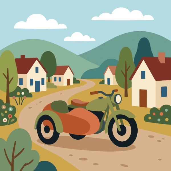 Olive green, gray, and mustard yellow sidecar motorcycle in front of colorful buildings, storefronts, signs, and clean pavement.