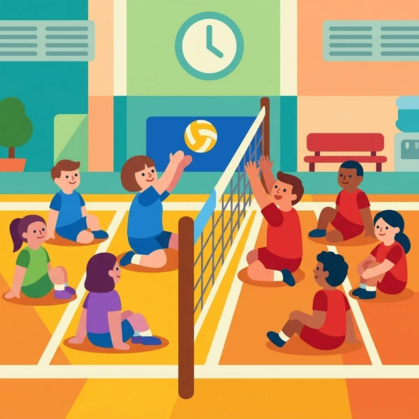 Eight adaptive athletes in blue and red uniforms playing sitting volleyball on multicolor green yellow and orange gym floor with white net