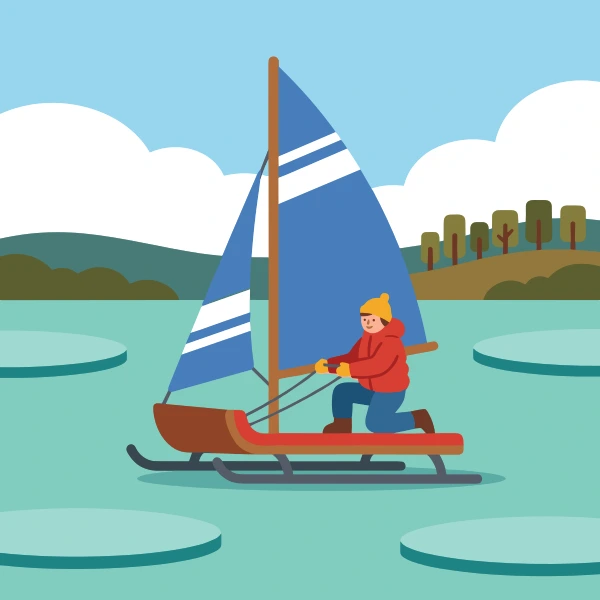 Deep blue, brown, and red skate sail sled floating on calm blue water with soft hills, trees, and light clouds behind.