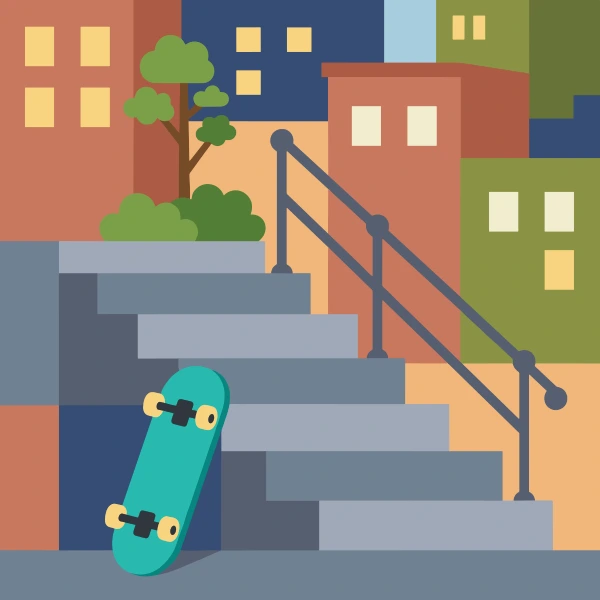 Skateboard near city stairs, colored peach, earth brown, and tan, with coral above and gray below.